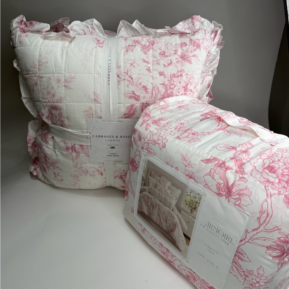 2 Elegant Pink Floral Euro Shams Ruffles Cabbages & Roses London ~ Raspberry - Picture 13 of 16